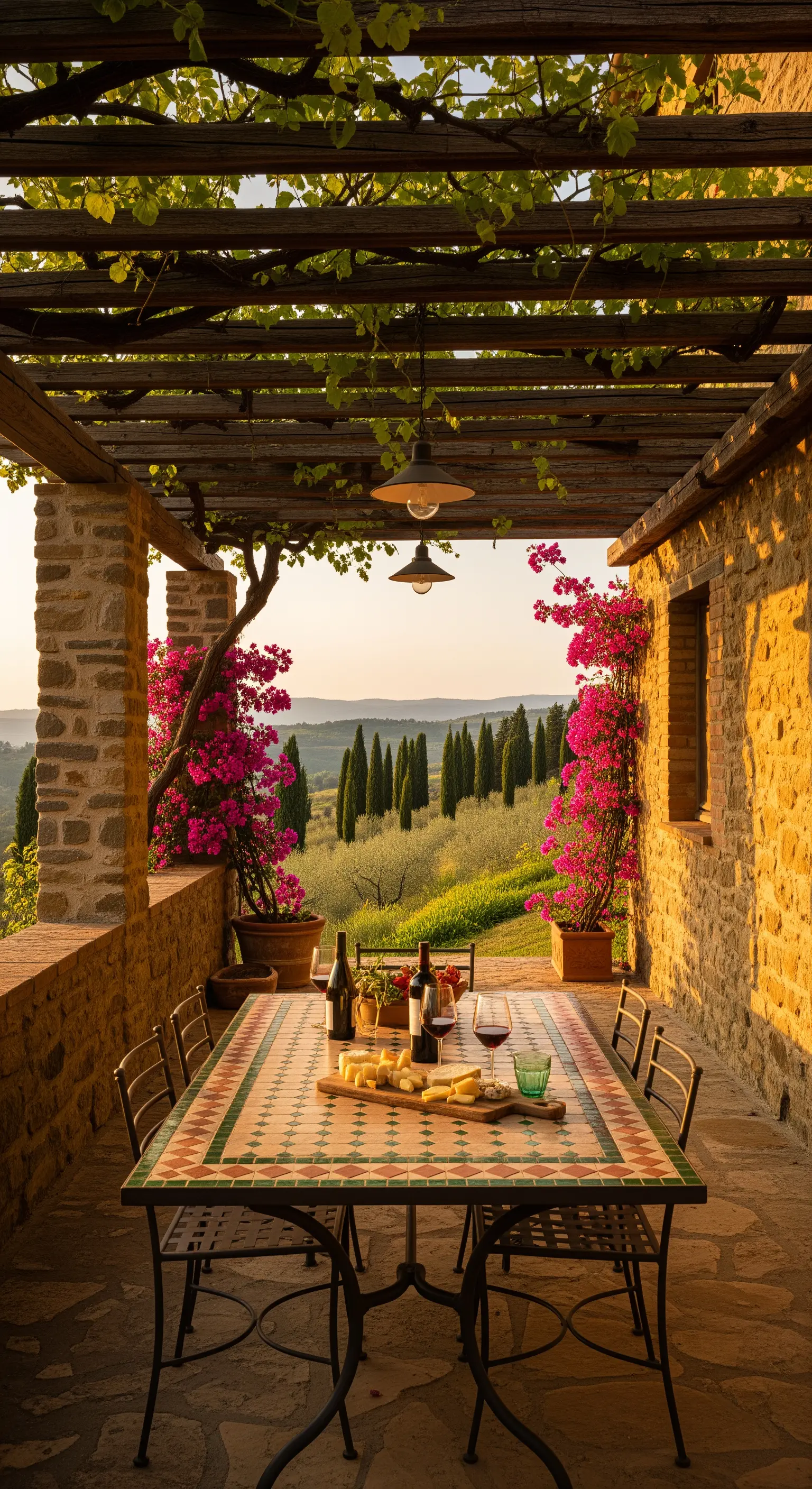 Veranda rustica in pietra con tavolo in mosaico rettangolare e vista sulle colline toscane
