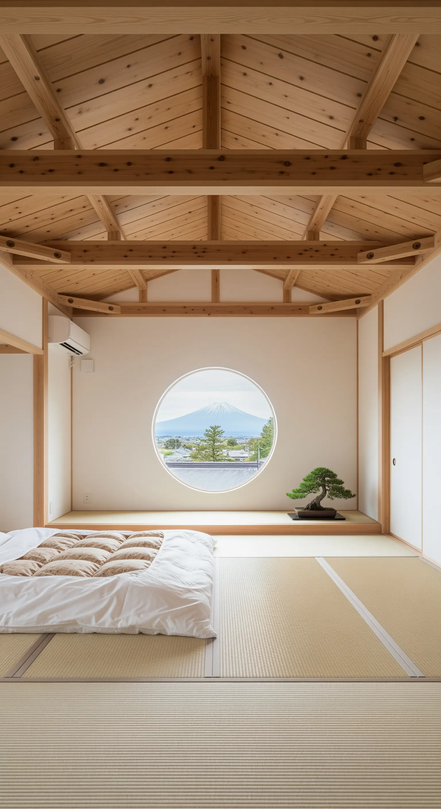 Stanza con soffitto a travi, finestra tonda con vista sul Monte Fuji e un futon.
