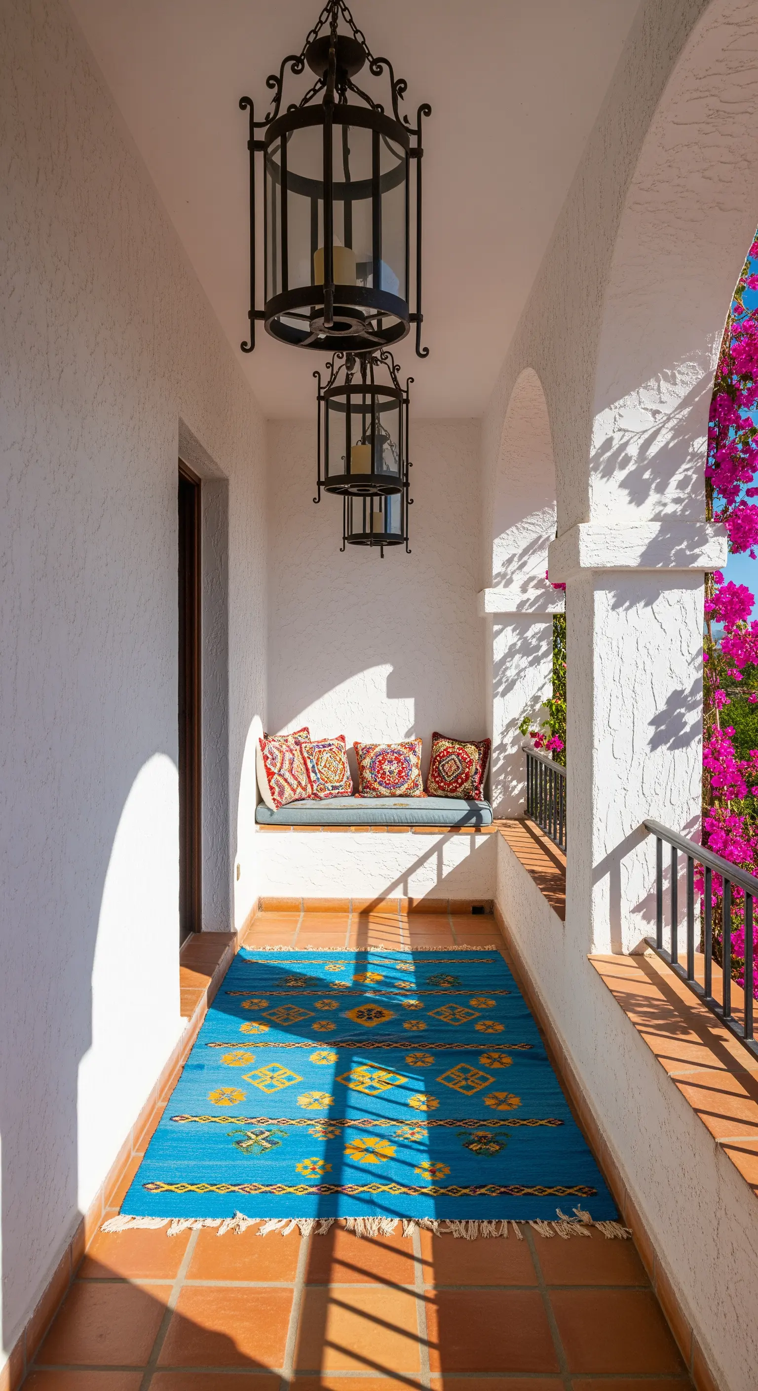 Balcone stretto con runner kilim blu, panca a muro e lanterne classiche in ferro.
