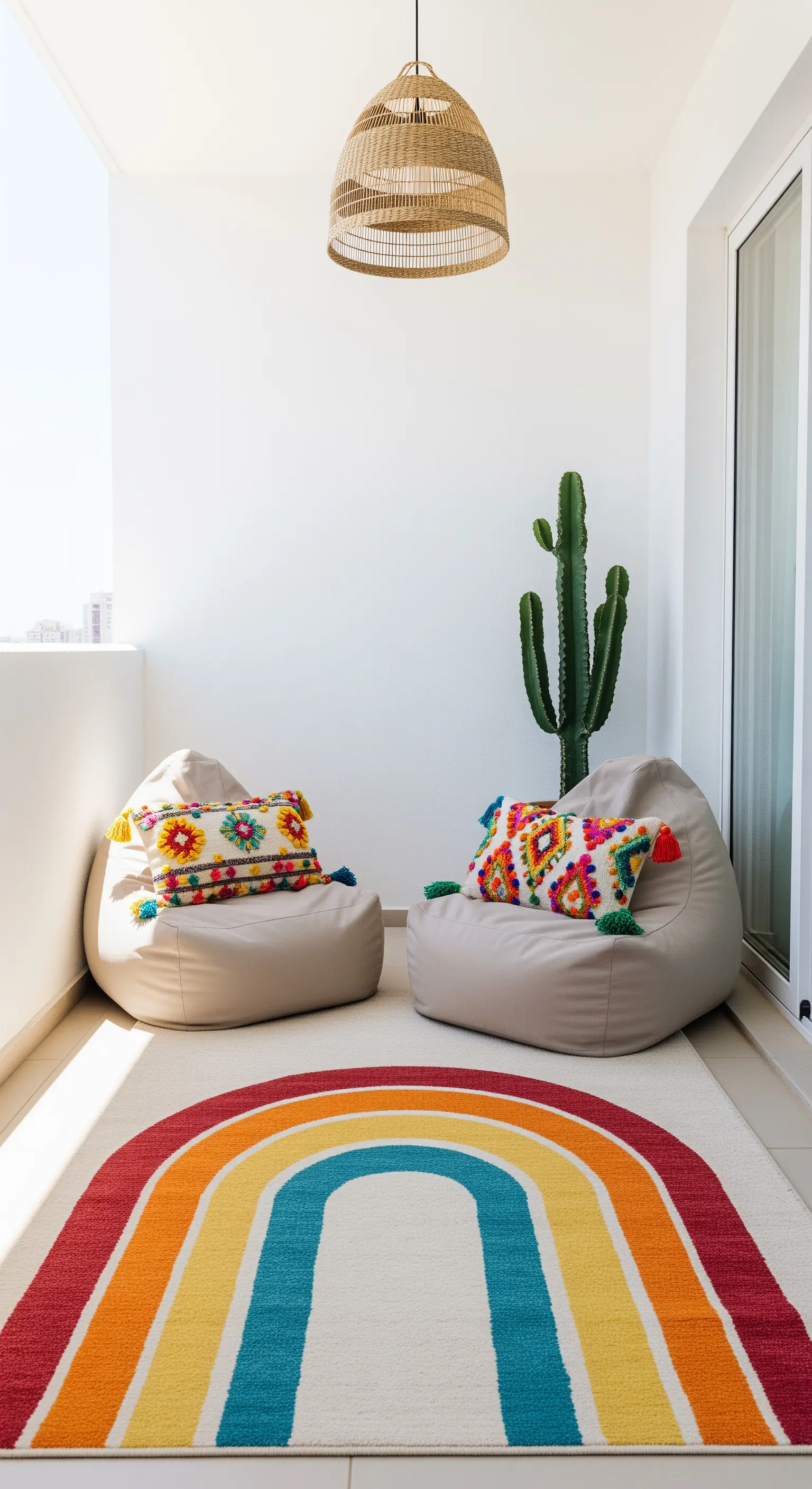Balcone minimalista con due poltrone a sacco beige e un grande tappeto con motivo arcobaleno.