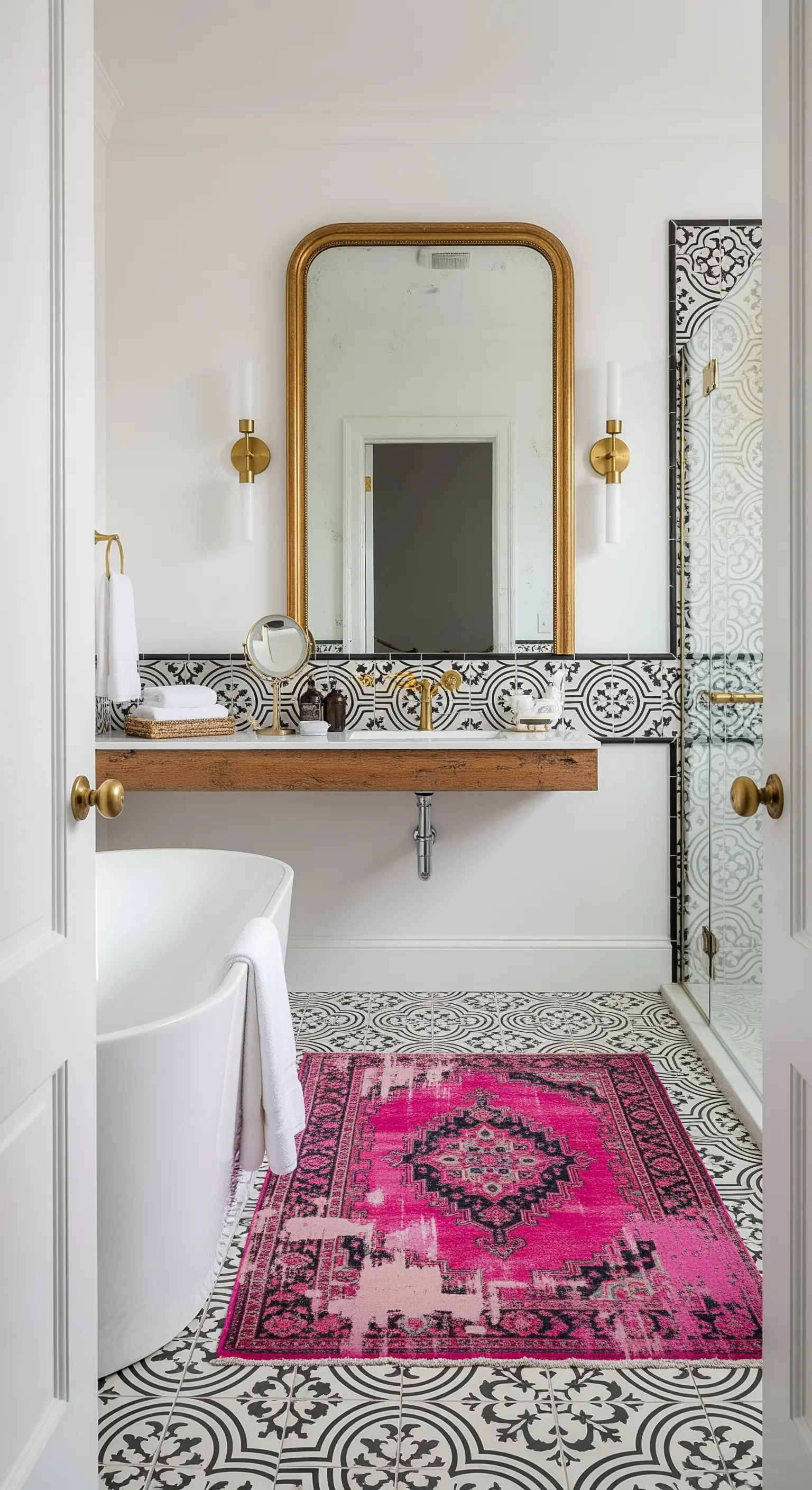 Bagno moderno con piastrelle bianche e nere, specchio dorato e tappeto fucsia acceso.