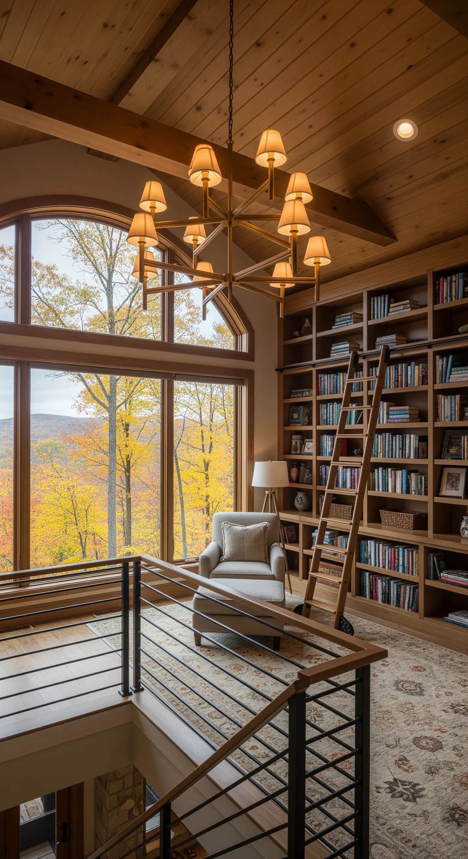 Biblioteca soppalcata con libreria a tutta altezza, scala in legno e lampadario a più bracci.