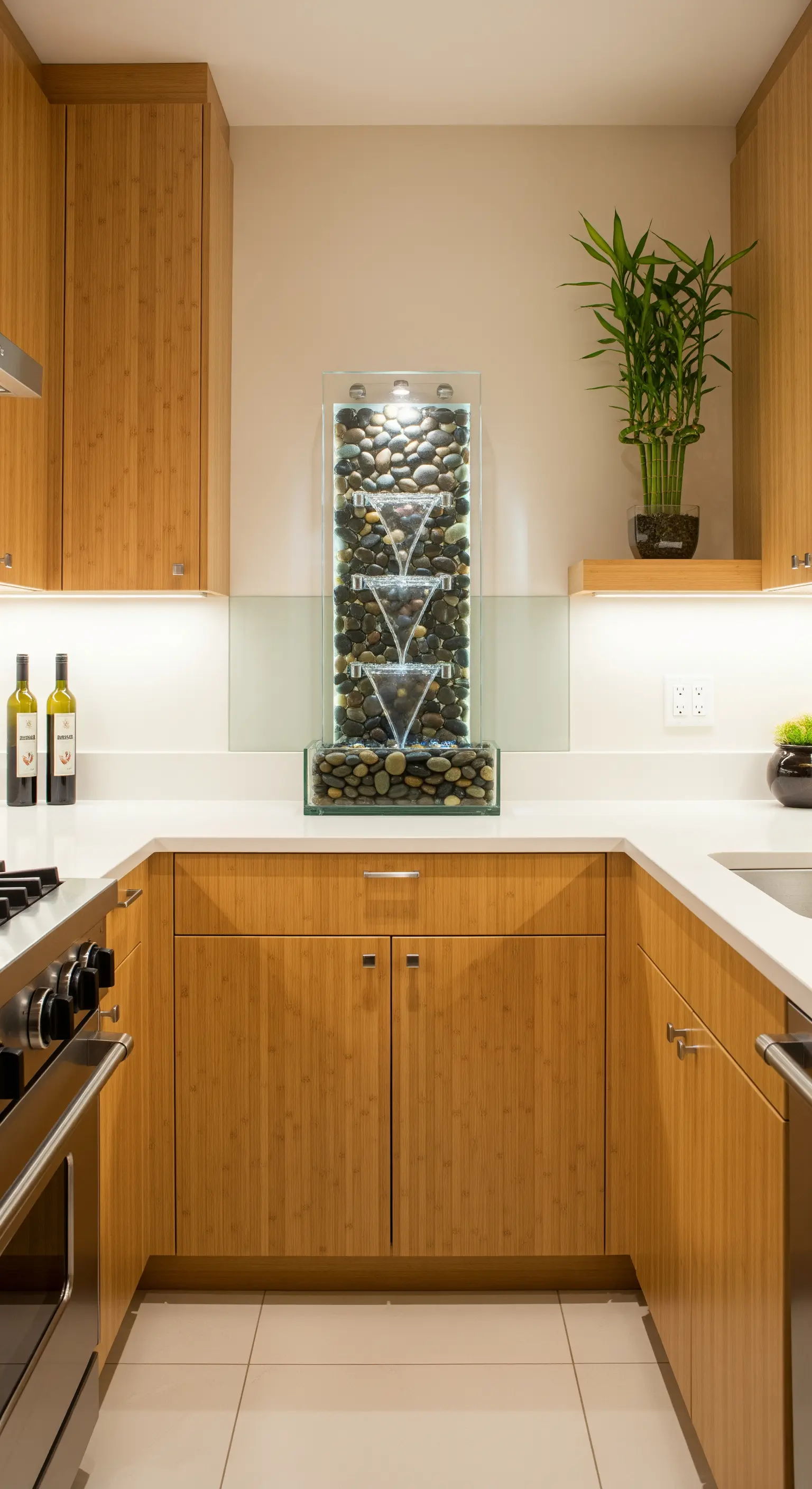 Cucina in legno di bambù con fontana verticale in vetro come paraschizzi illuminato.