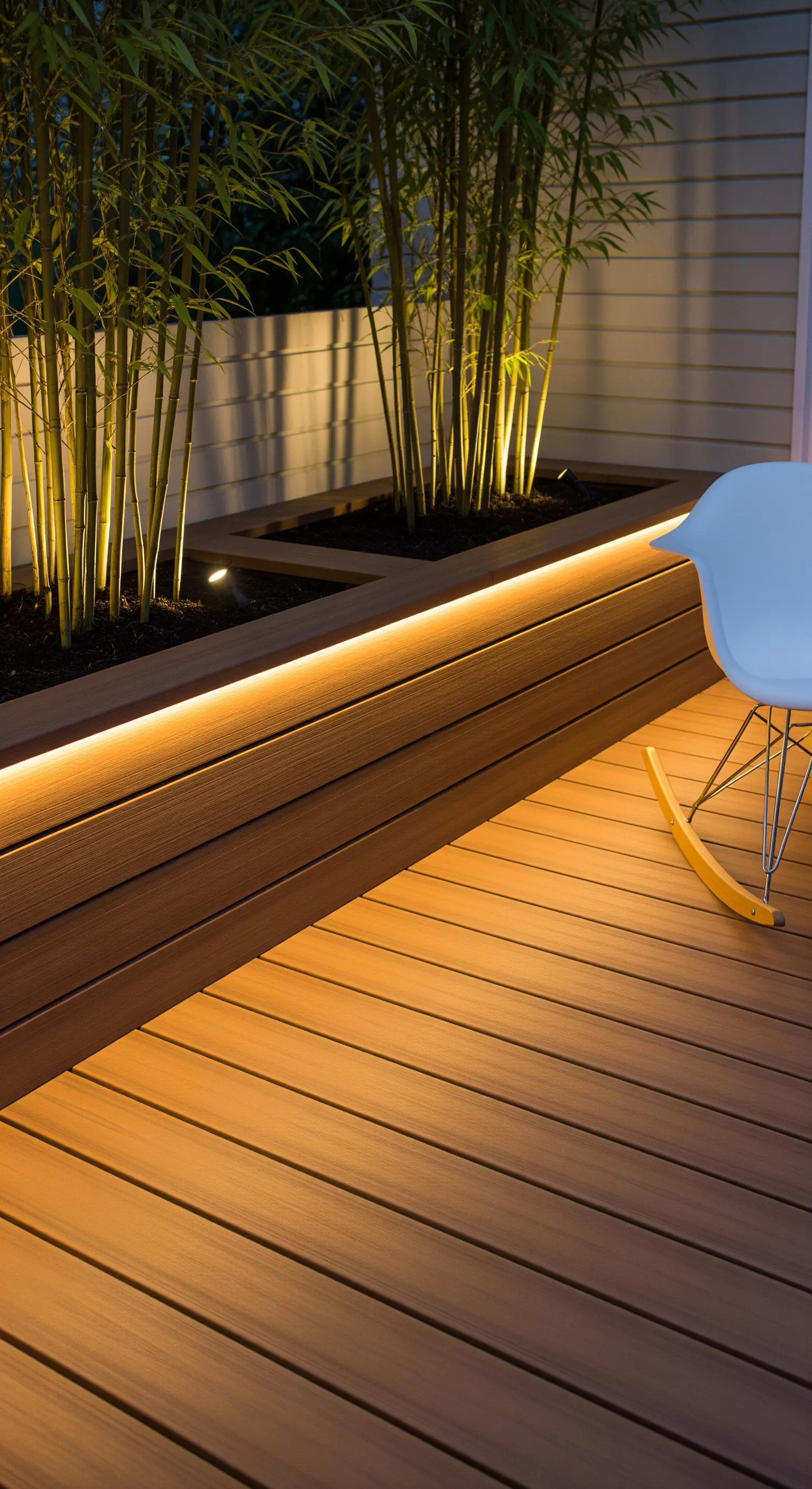 Fioriera in legno composito con piante di bambù illuminate da una striscia LED integrata