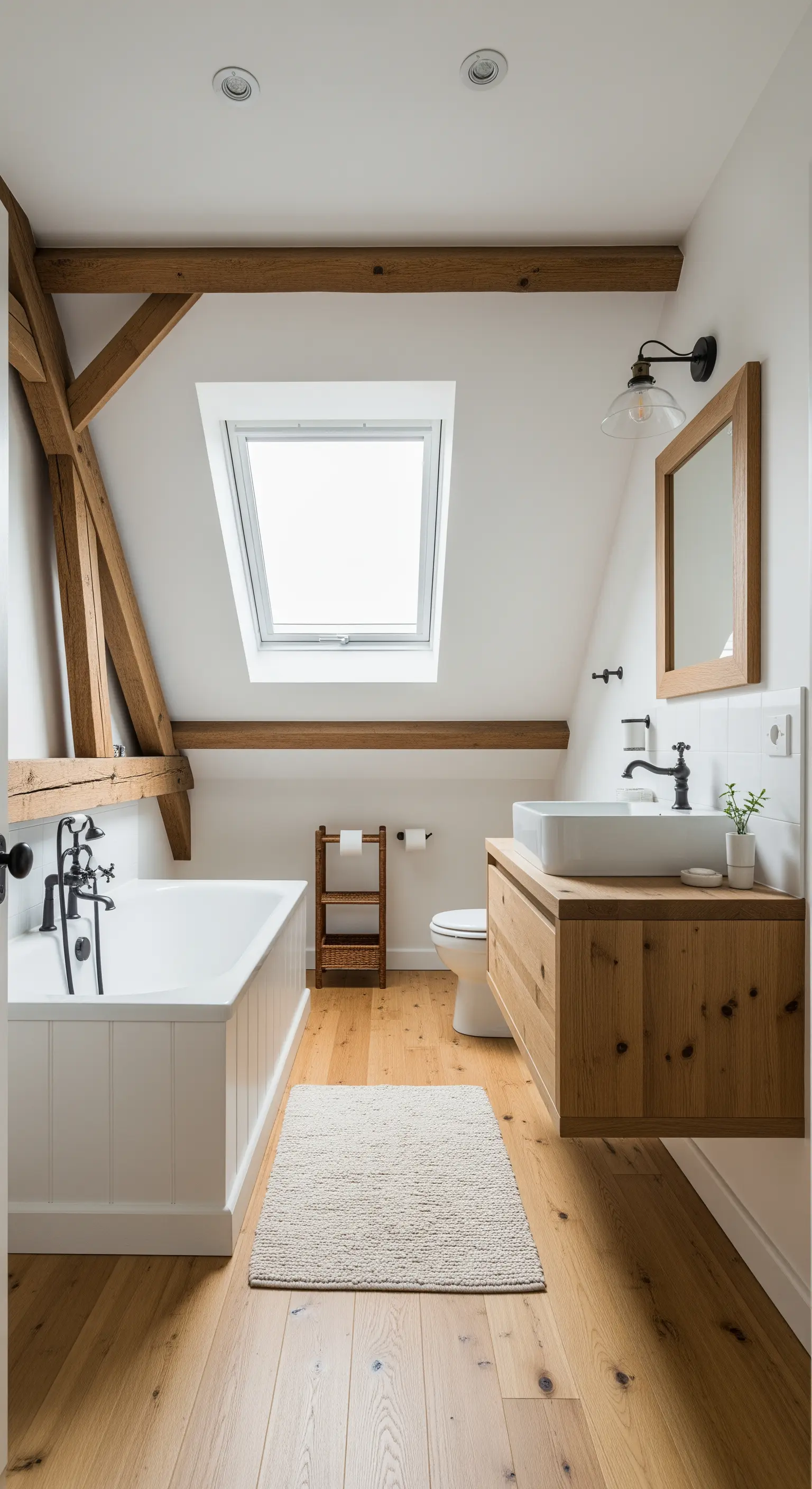 Bagno in mansarda con travi in legno a vista e mobile sospeso.