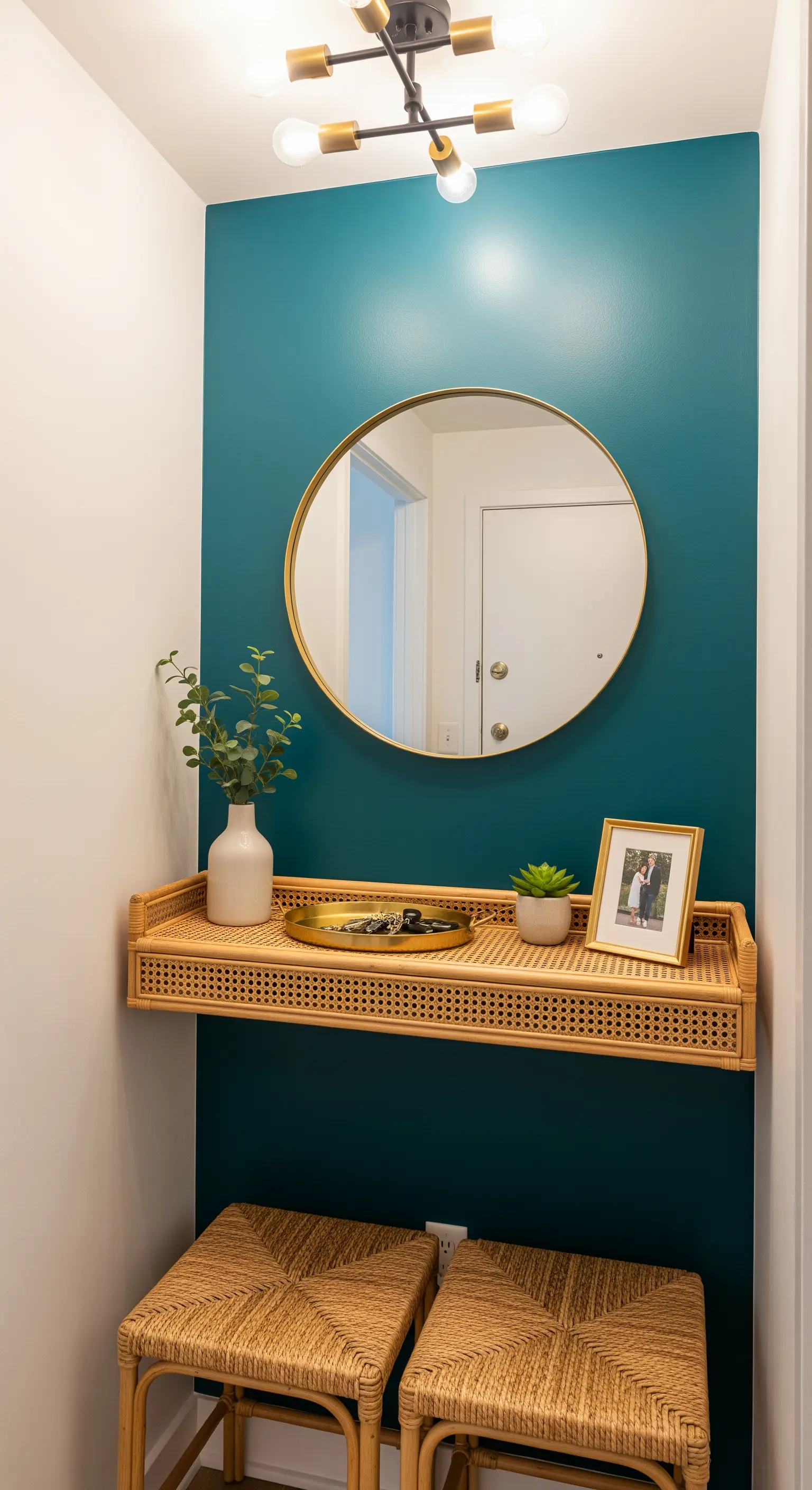 Piccola nicchia con parete verde acqua, mensola sospesa in rattan e due pouf intrecciati.