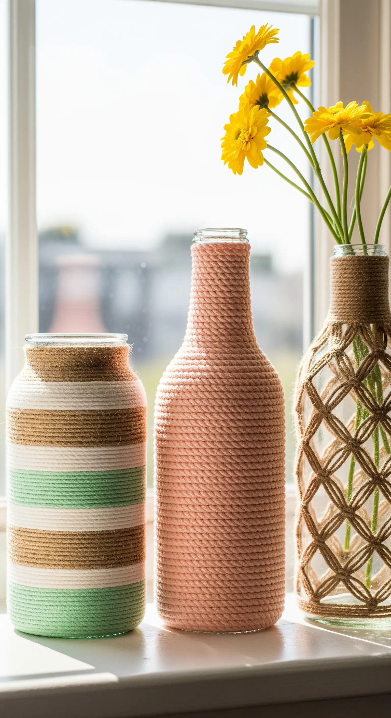 Tre vasi in vetro decorati con corde di iuta e cotone colorato in diversi stili.