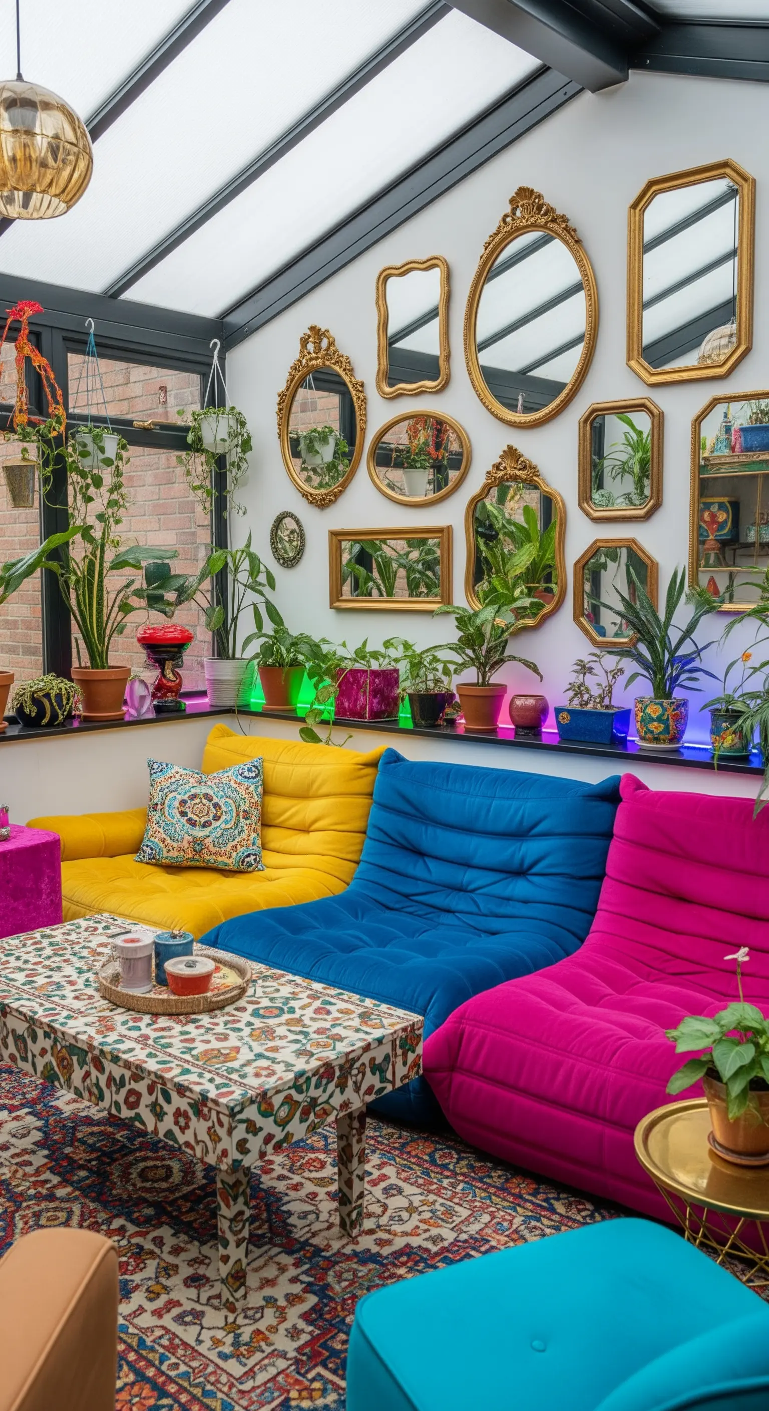 Veranda eclettica con divani colorati, tappeto persiano e una parete coperta di specchi dorati.