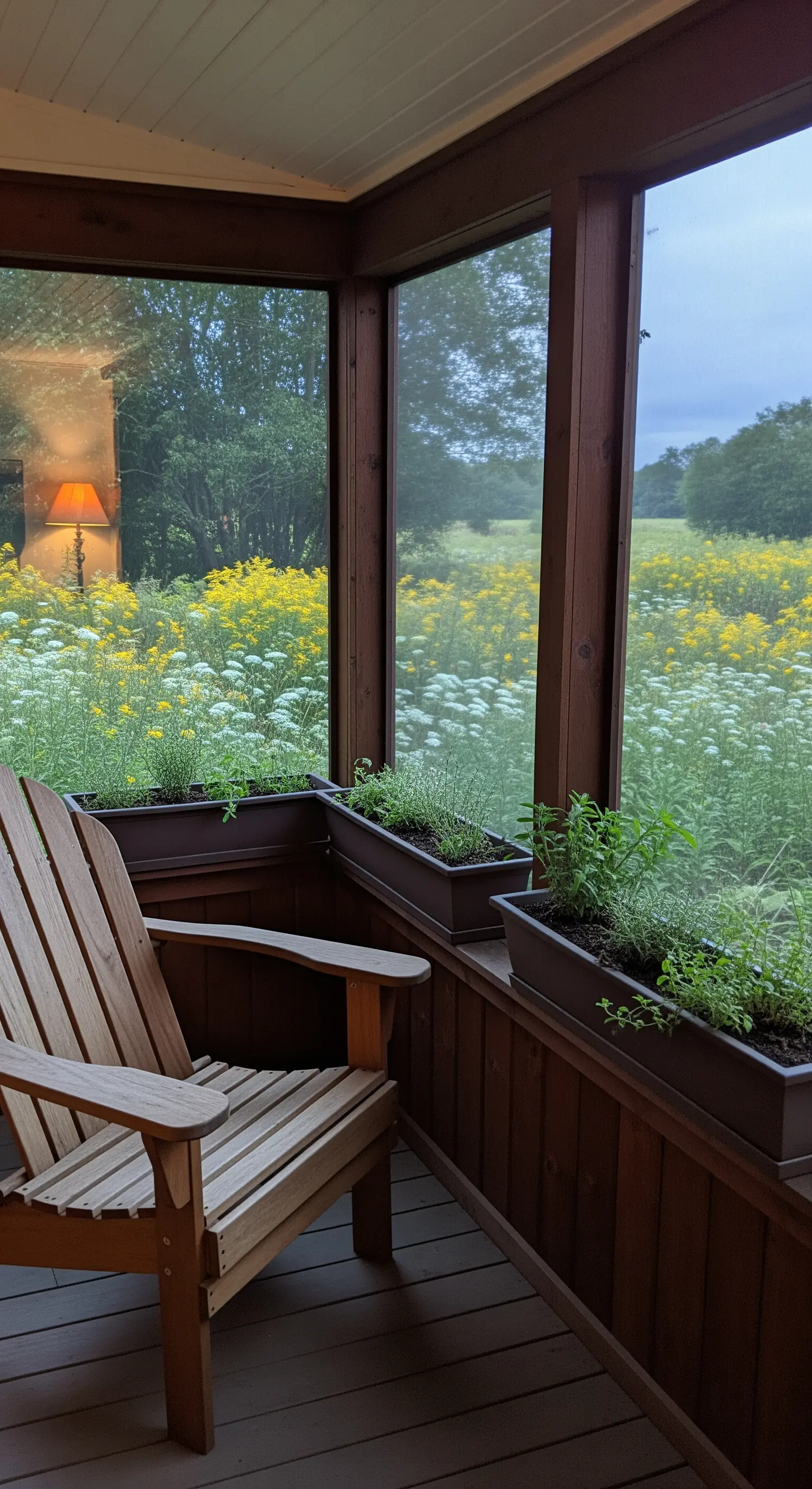 Veranda chiusa con sedia in legno e fioriere di erbe aromatiche affacciata su un prato fiorito.