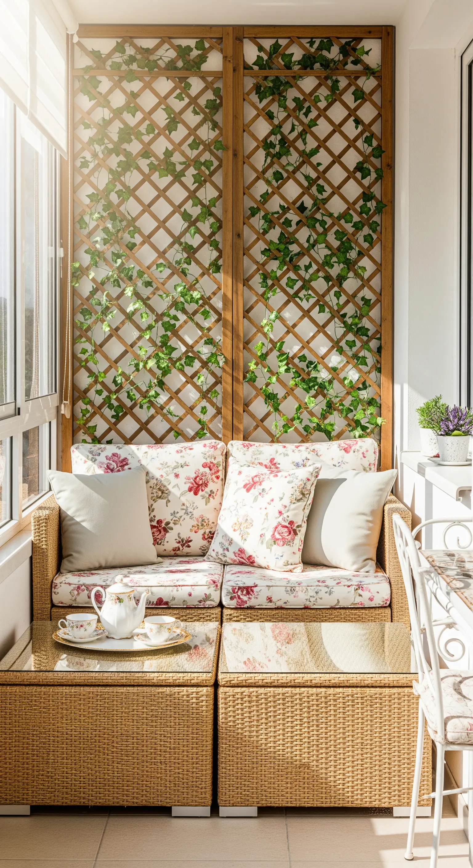 Piccolo balcone verandato con divanetti in vimini, cuscini a fiori e un graticcio con edera.