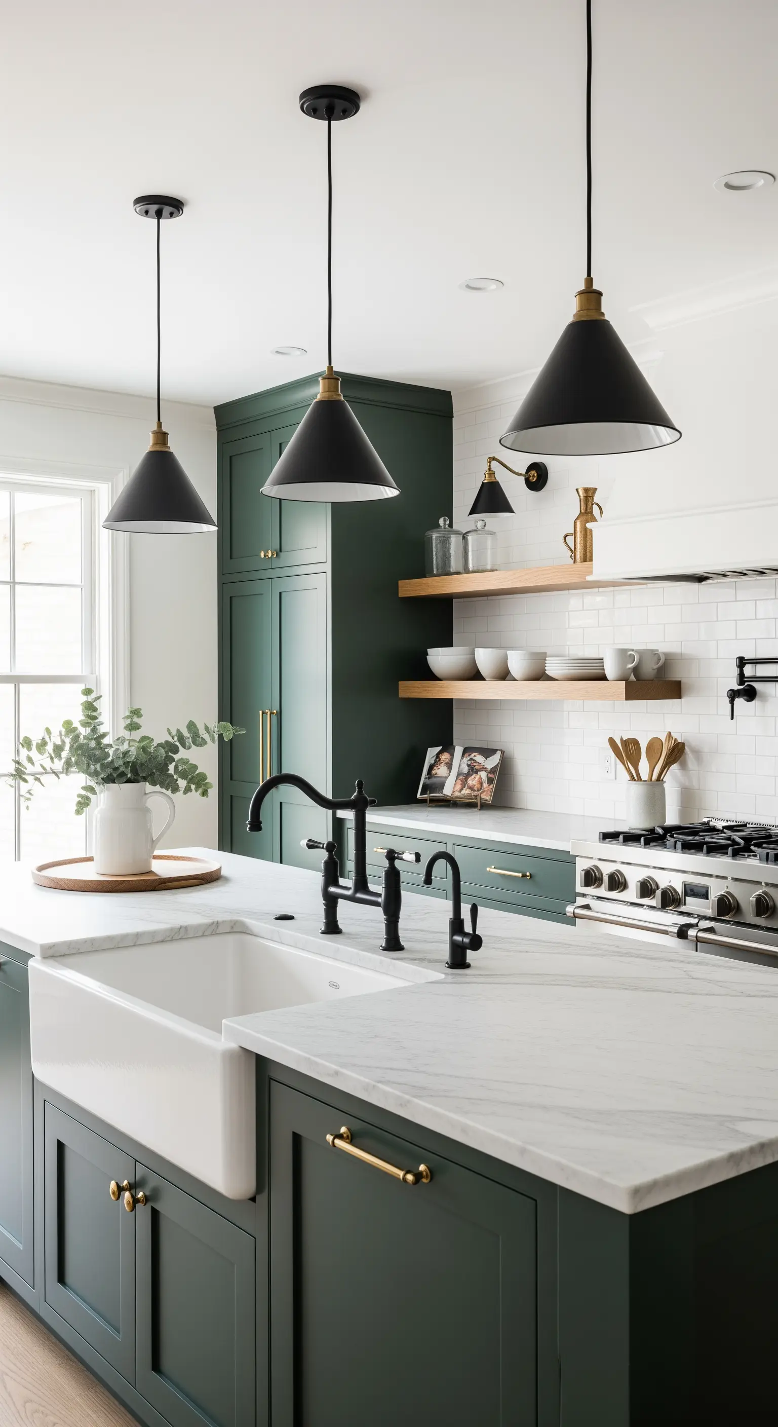 Cucina verde scuro con isola in marmo, mensole in legno e lampade coniche nere.