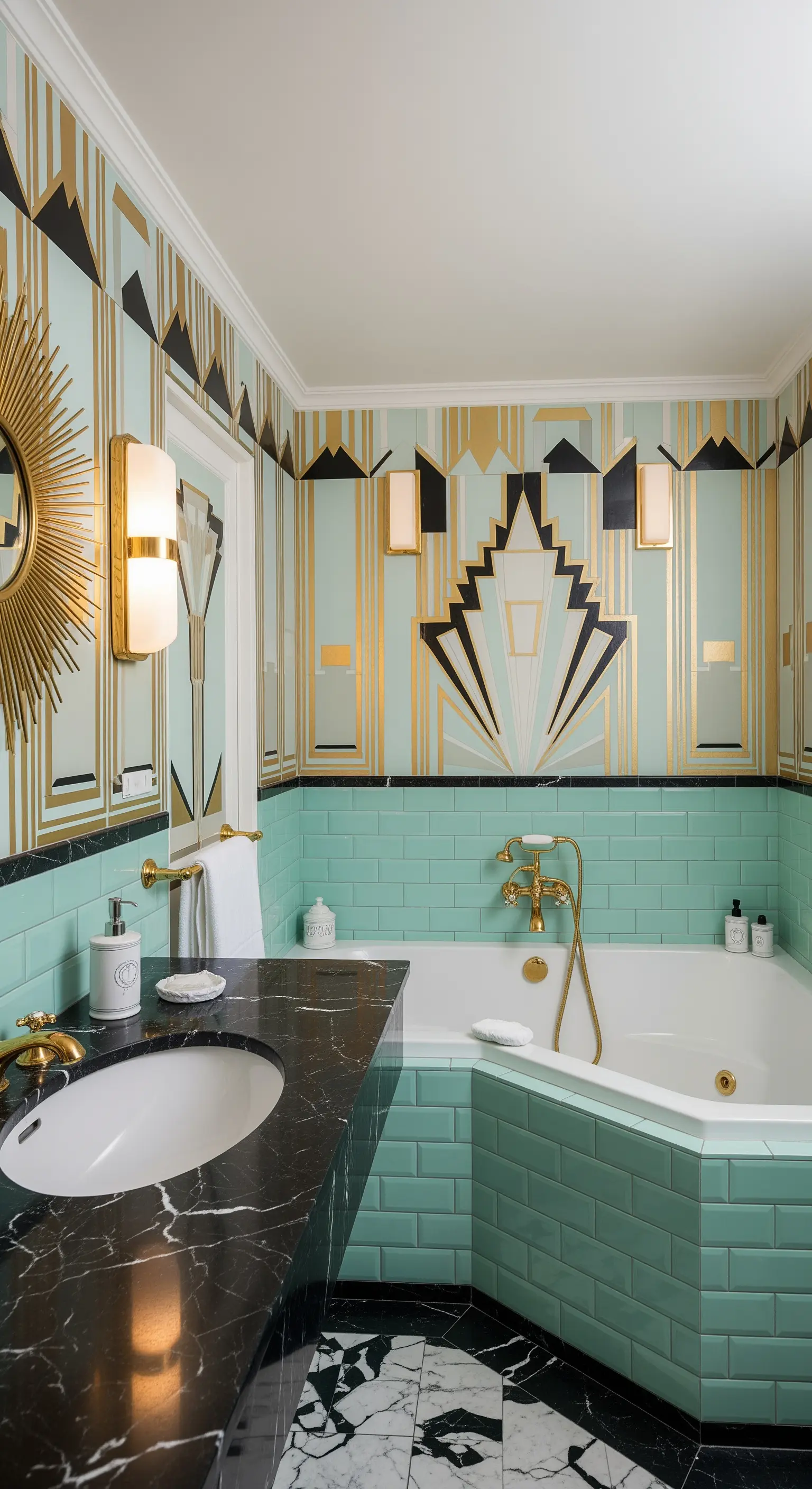Bagno in stile Art Déco con piastrelle verde menta e carta da parati geometrica dorata.