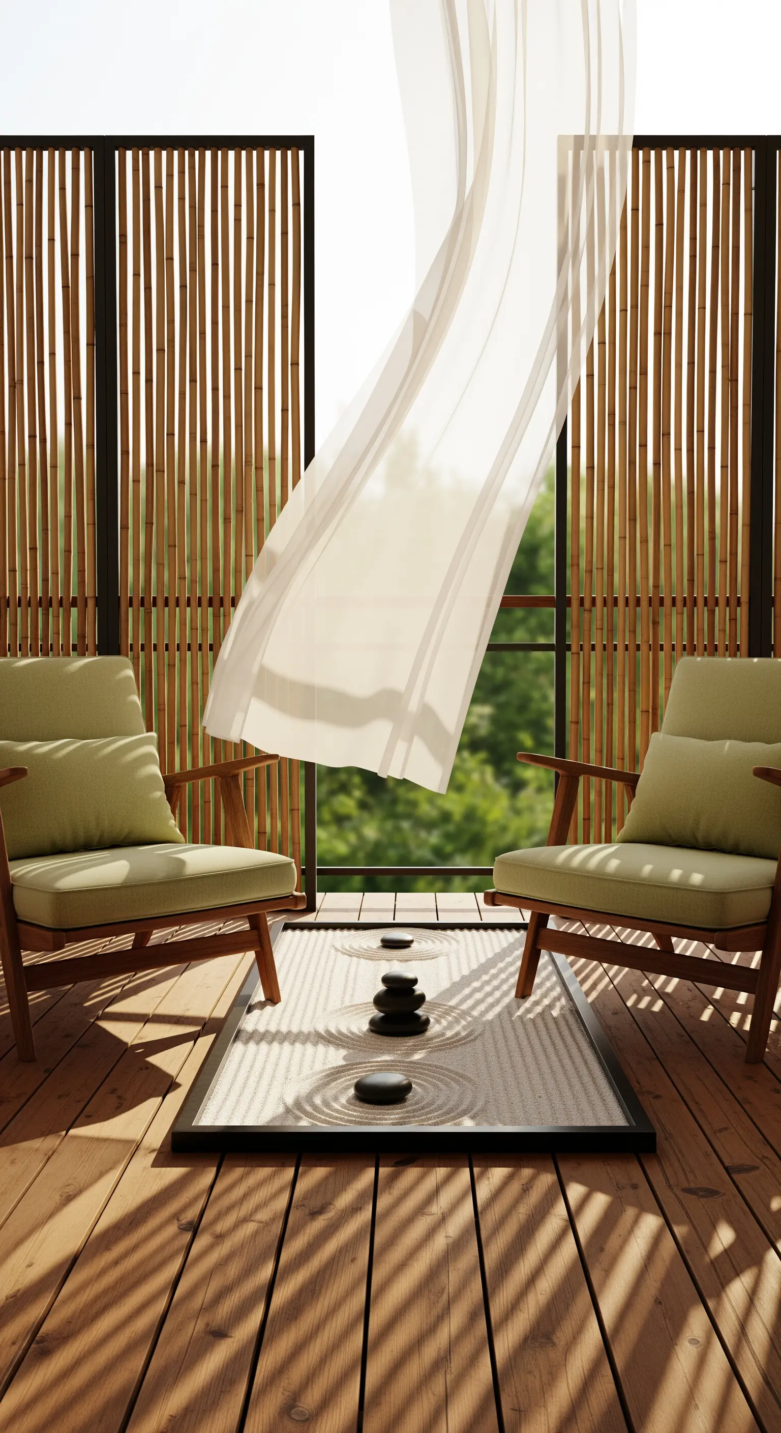 Balcone zen con poltrone in legno, cuscini verde oliva e giardino di sabbia.