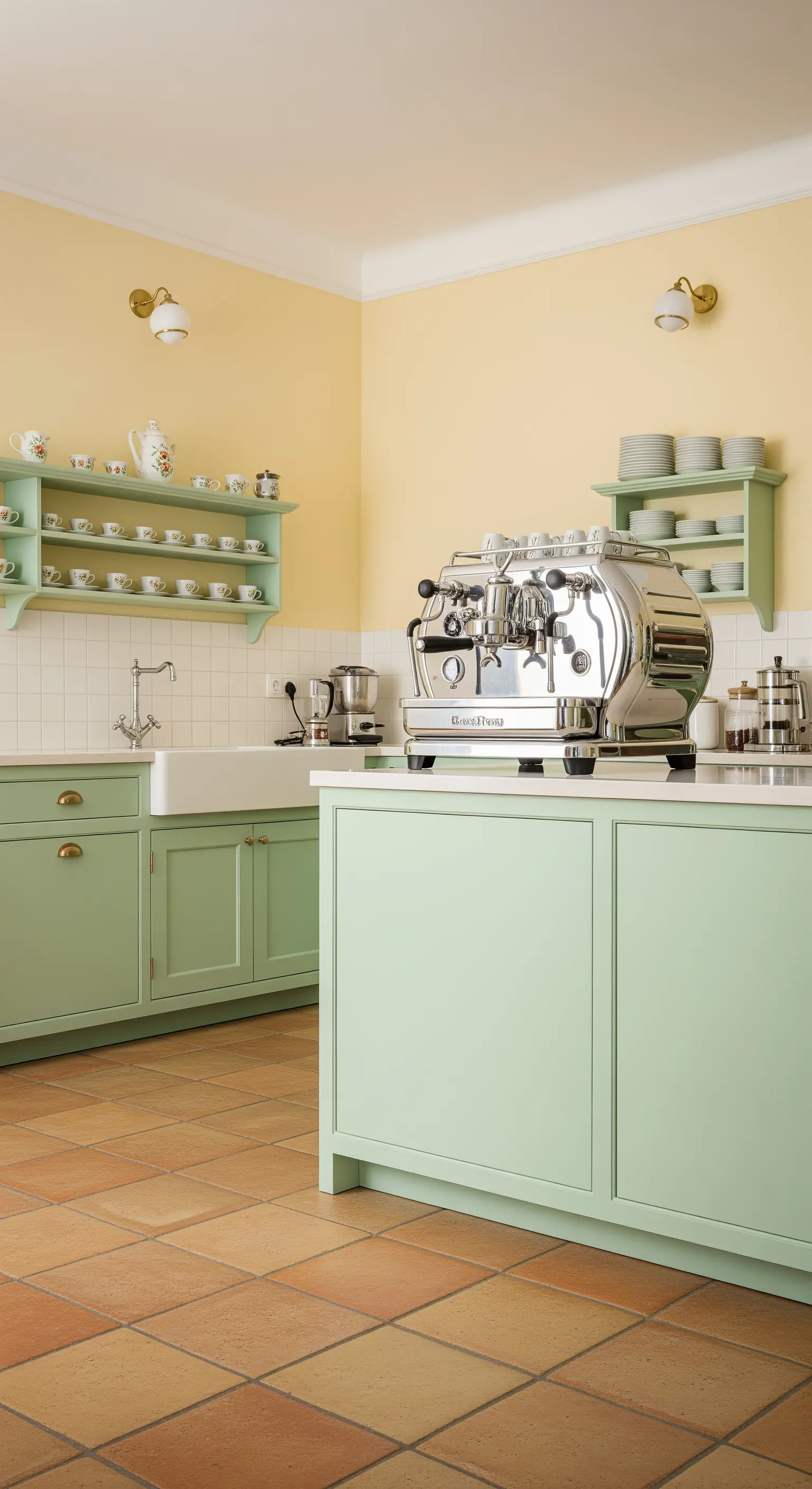 Cucina verde salvia con pavimento in cotto e mensole aperte con ceramiche.