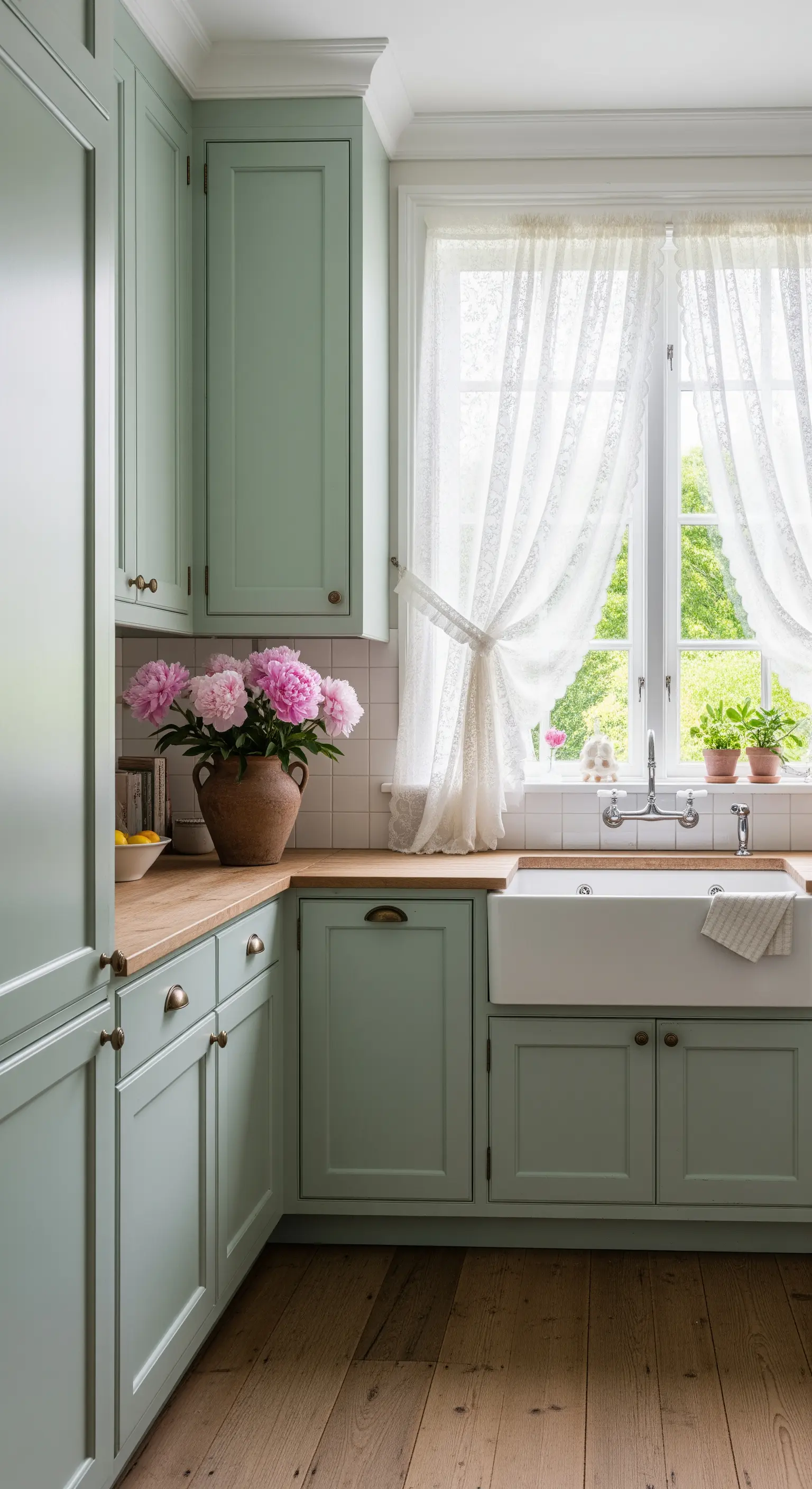 Cucina shabby color verde salvia con piano in legno e lavello in ceramica.