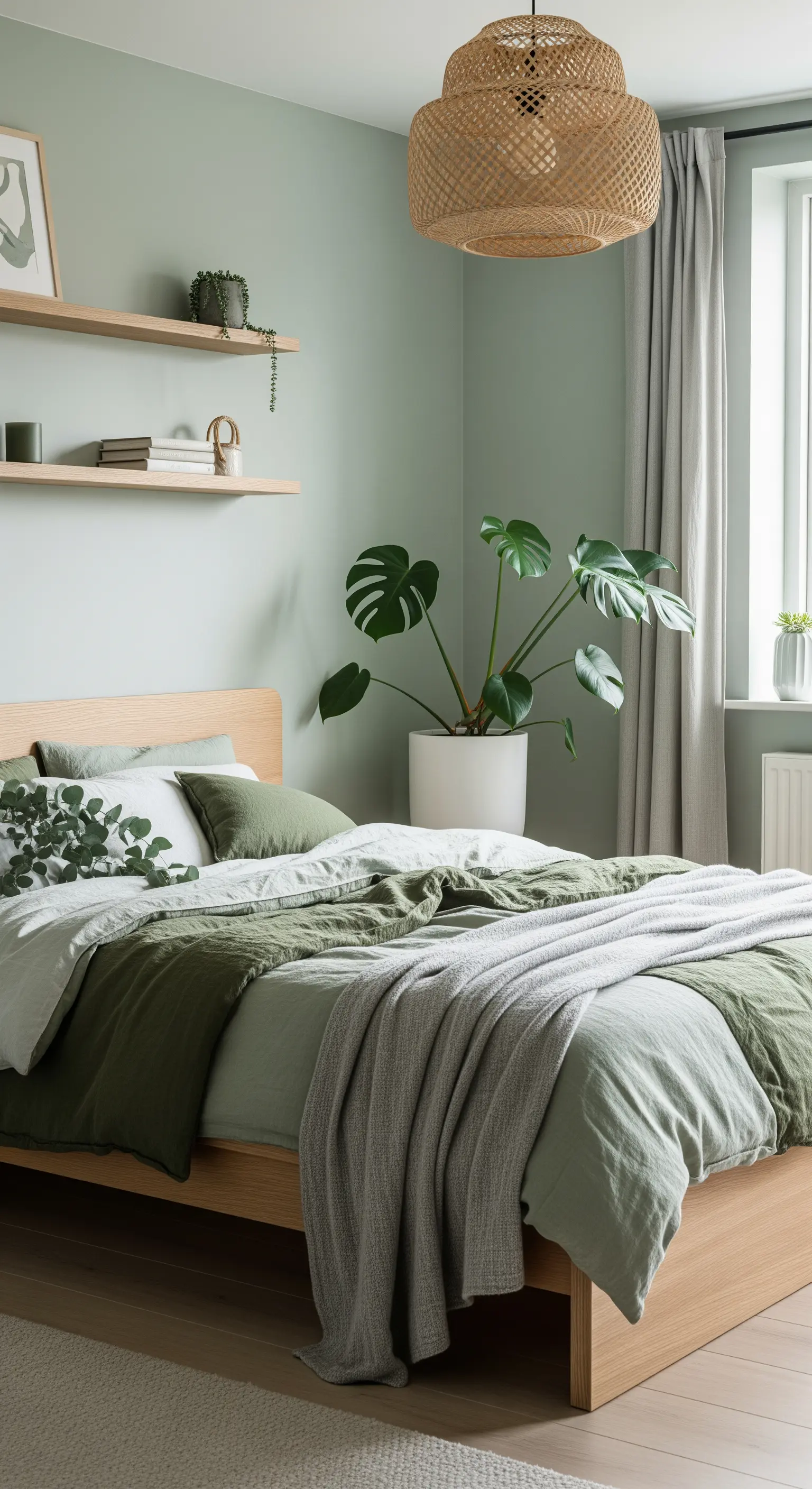 Camera da letto verde salvia con letto in legno chiaro, mensole e lampada in rattan.