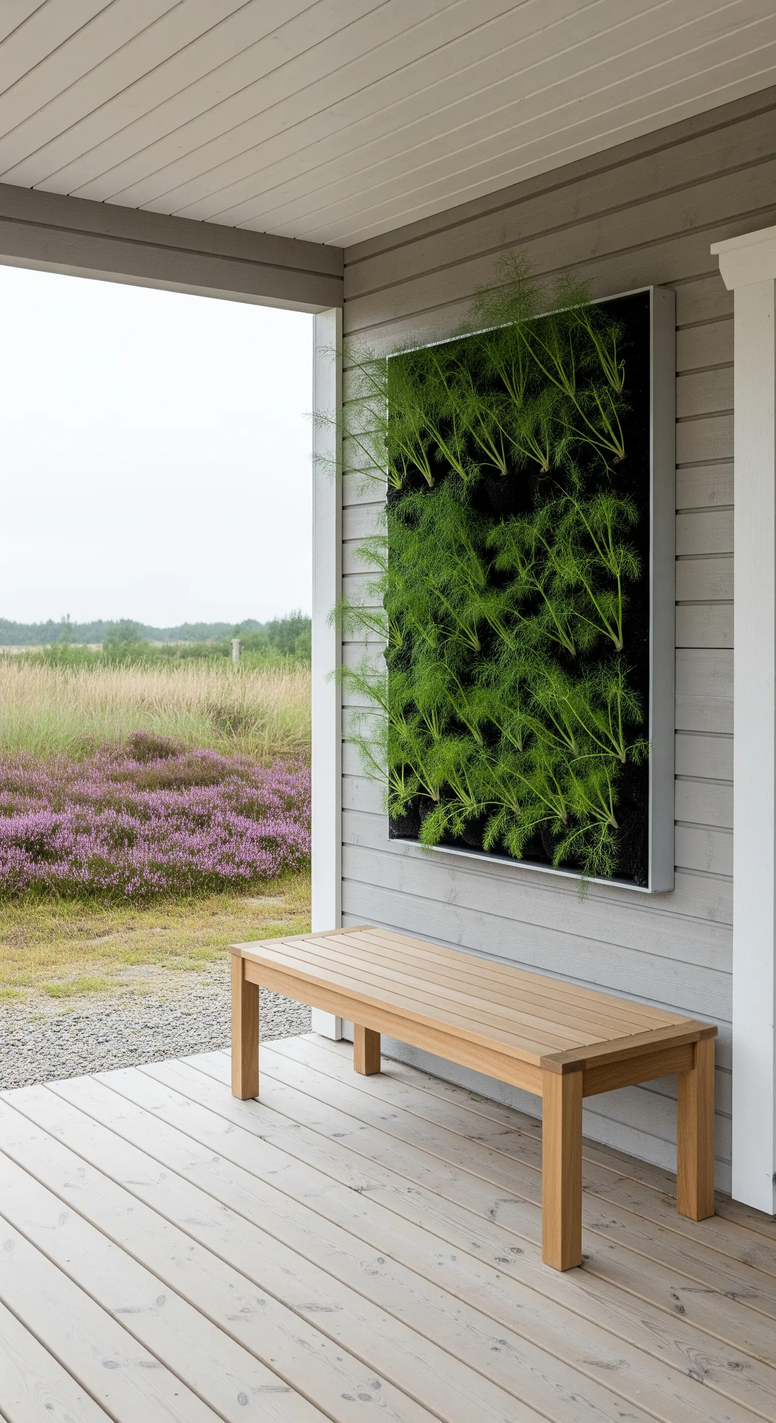 Panca in legno chiaro di fronte a un giardino verticale con piante di aneto su una veranda moderna.