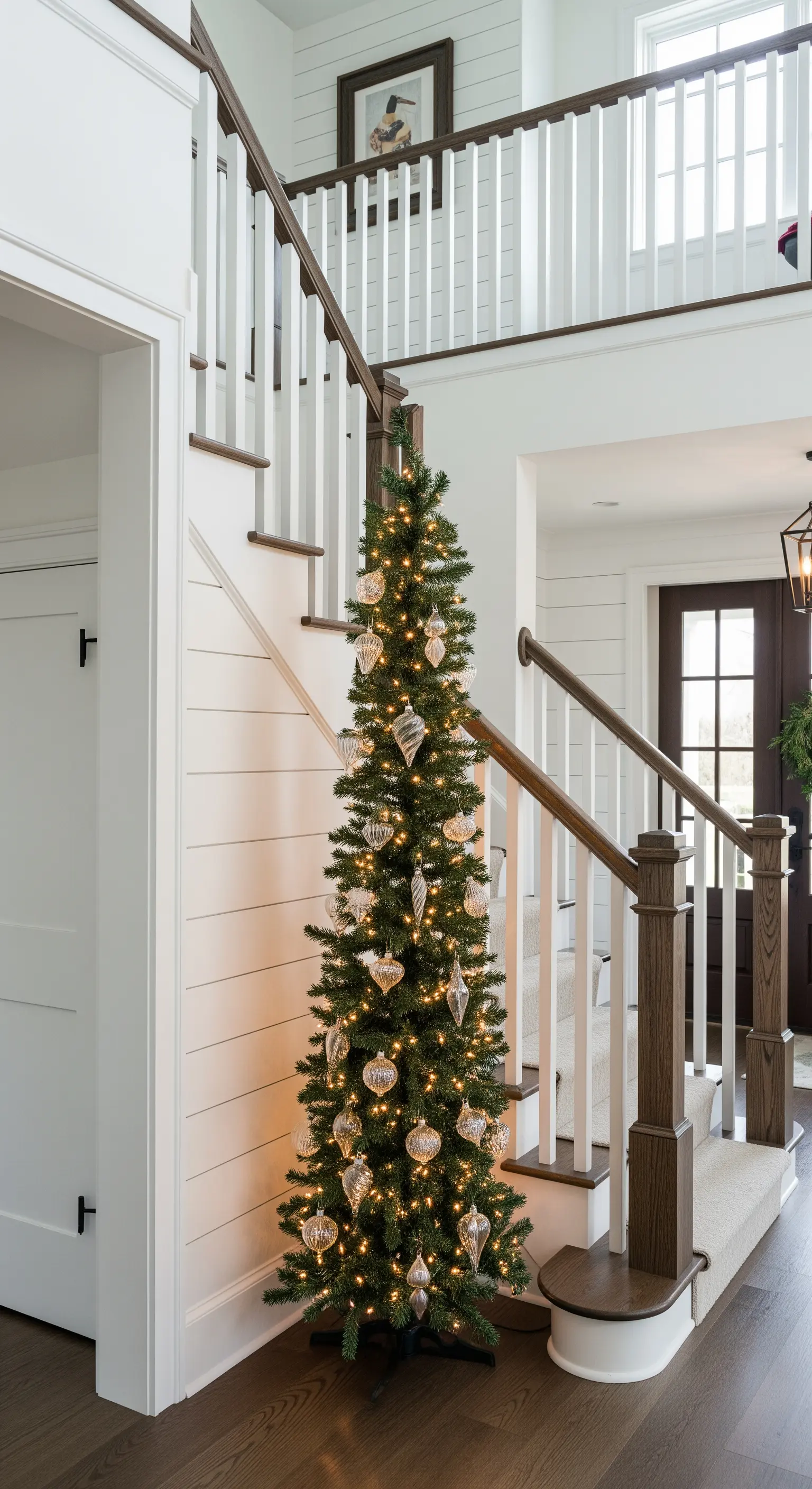 Albero di Natale alto e stretto posizionato nel vano scala, con luci e decori a goccia in vetro