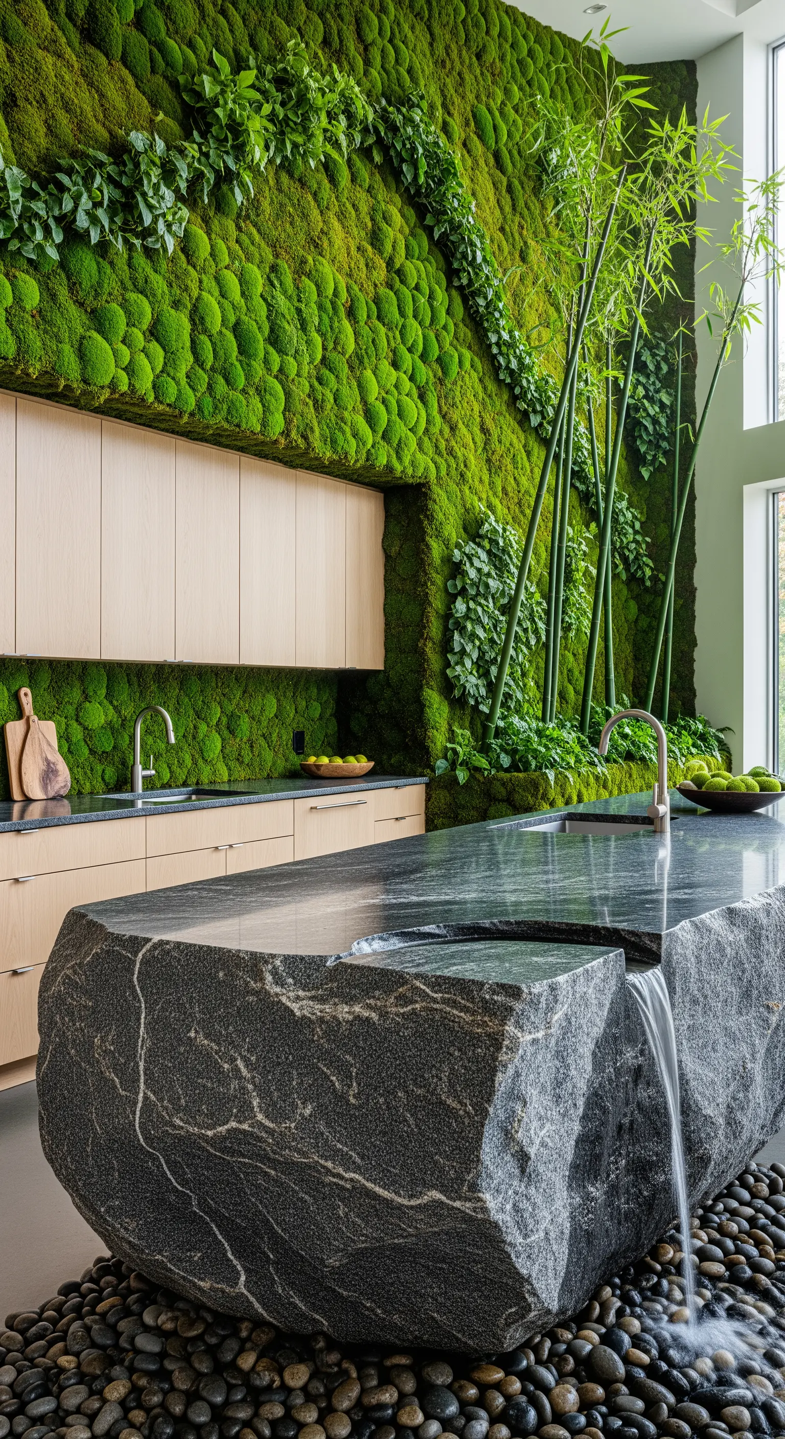 Cucina con un'intera parete a giardino verticale e isola in pietra grezza con cascata.
