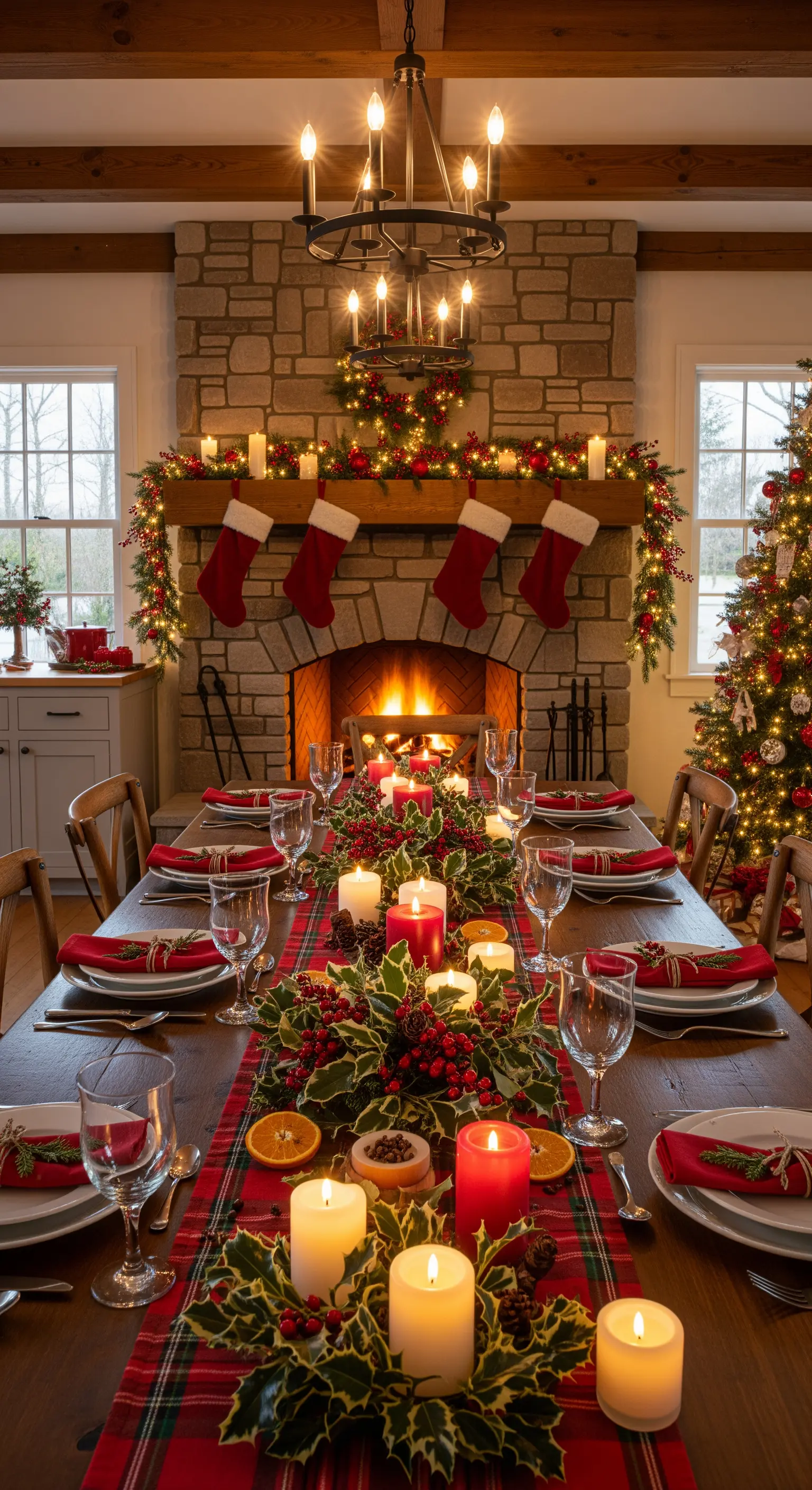 Cucina con camino in pietra decorato per Natale con ghirlande, luci e calze rosse.