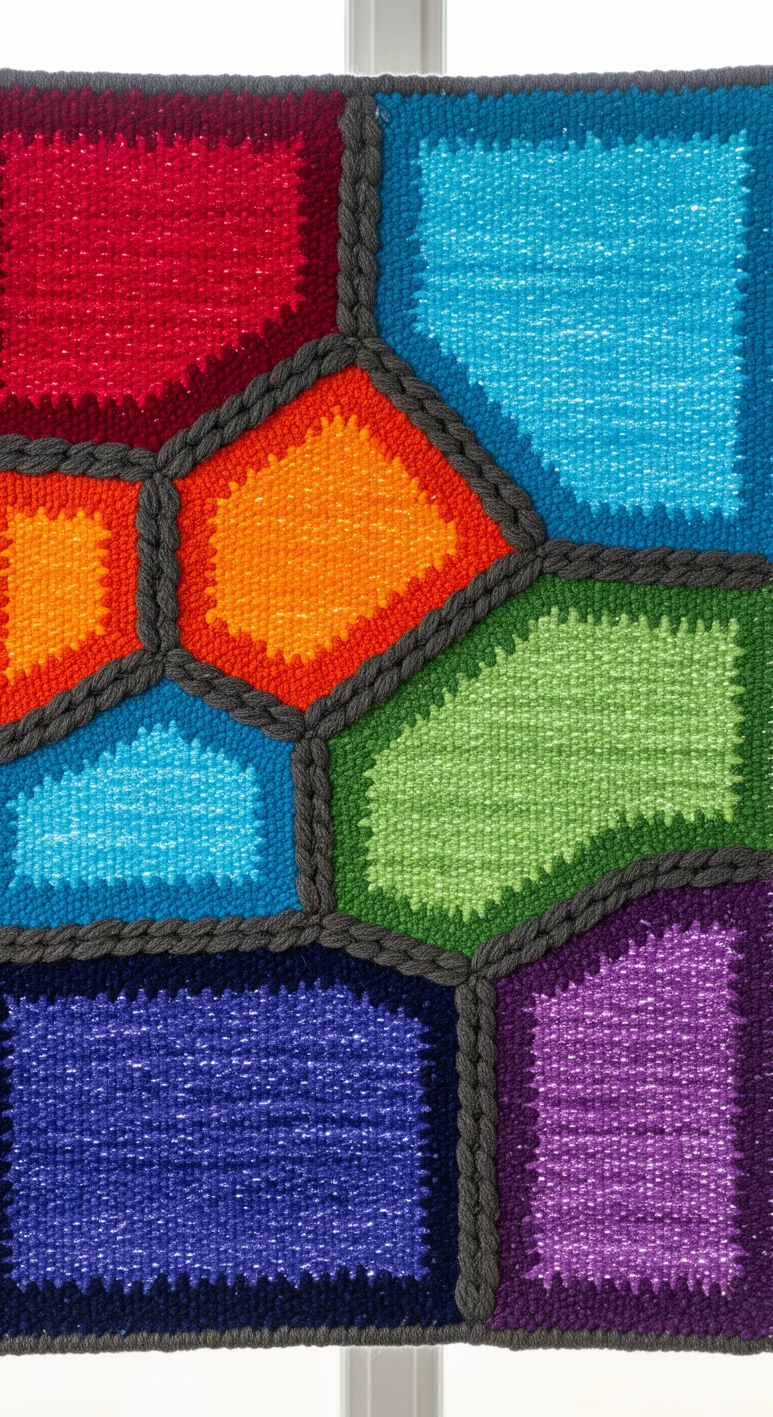 Dettaglio di un tappeto colorato con sezioni geometriche separate da linee scure, stile vetrata.