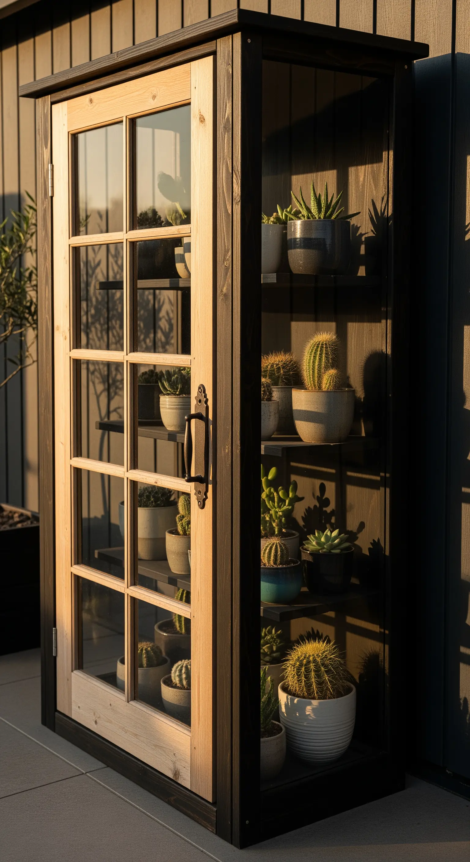 Armadietto-serra nero con anta in legno naturale e vetro, espone una collezione di cactus e succulente