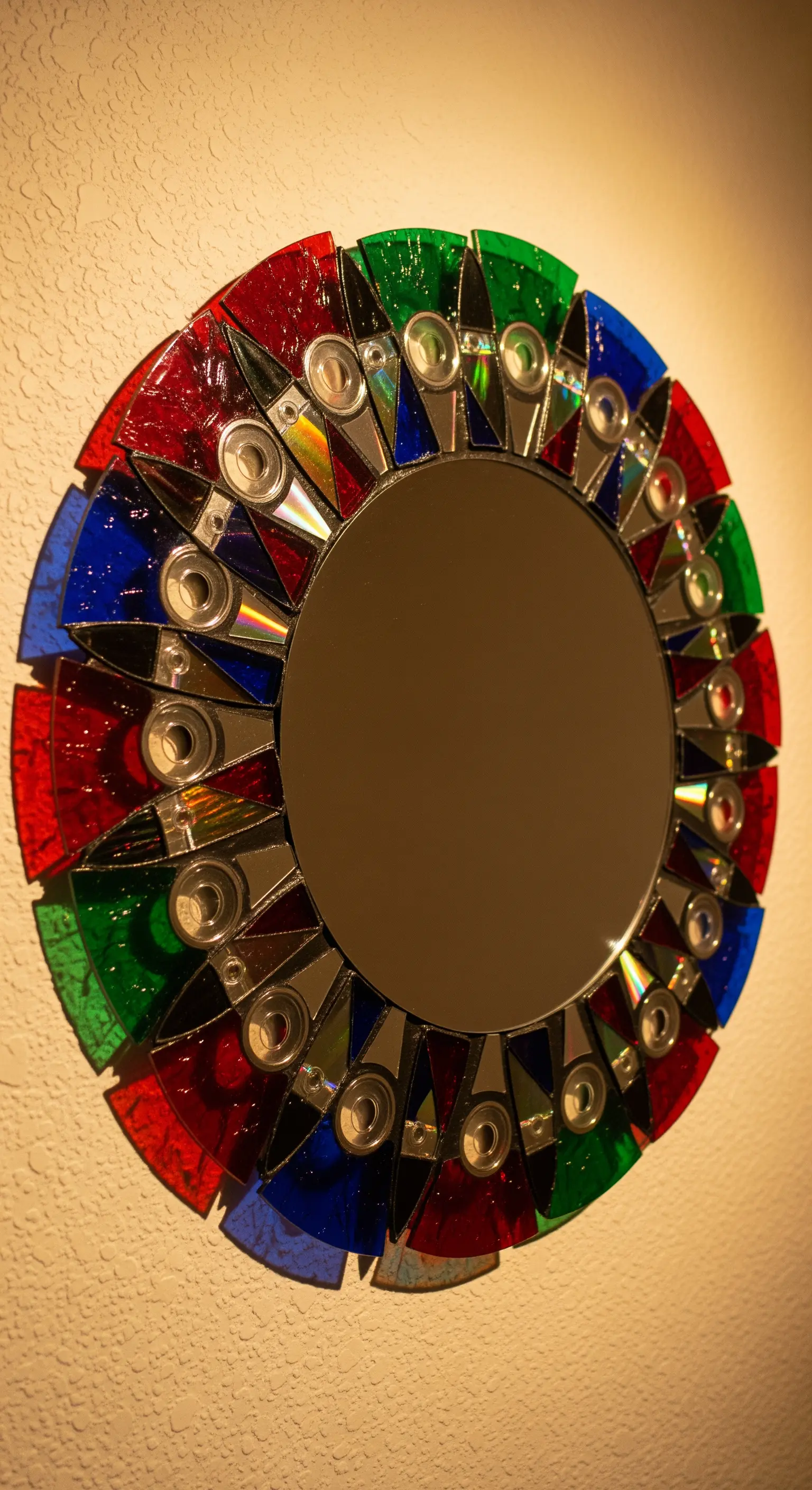 Specchio rotondo con una cornice a mosaico fatta di frammenti di CD dipinti come vetro colorato.