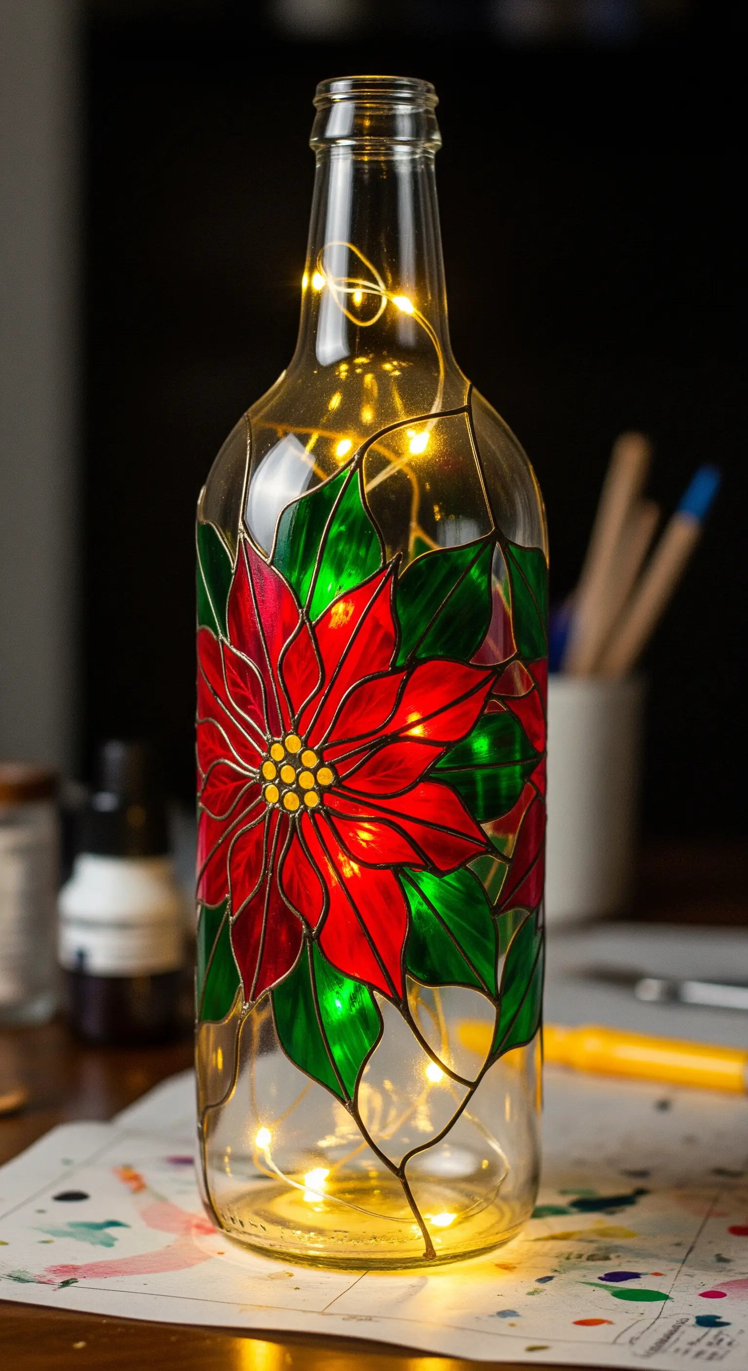 Bottiglia di vetro dipinta a mano con una stella di Natale in stile vetrata.