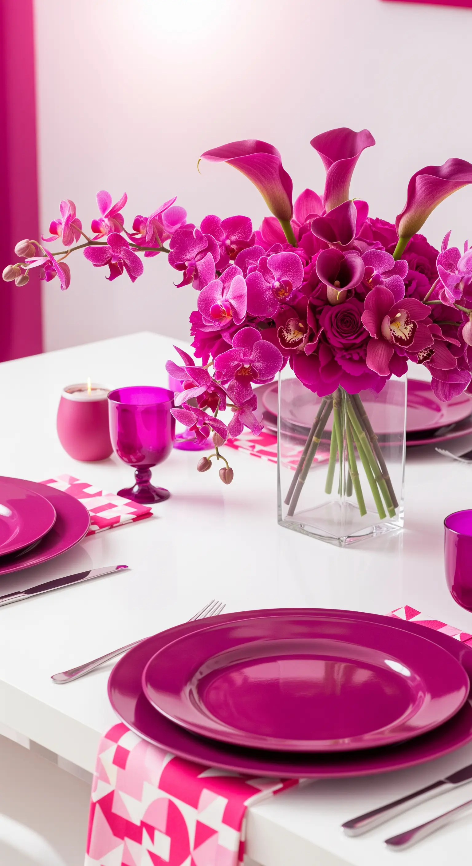 Tavola monocromatica fucsia con un bouquet di orchidee e calle e runner geometrico.