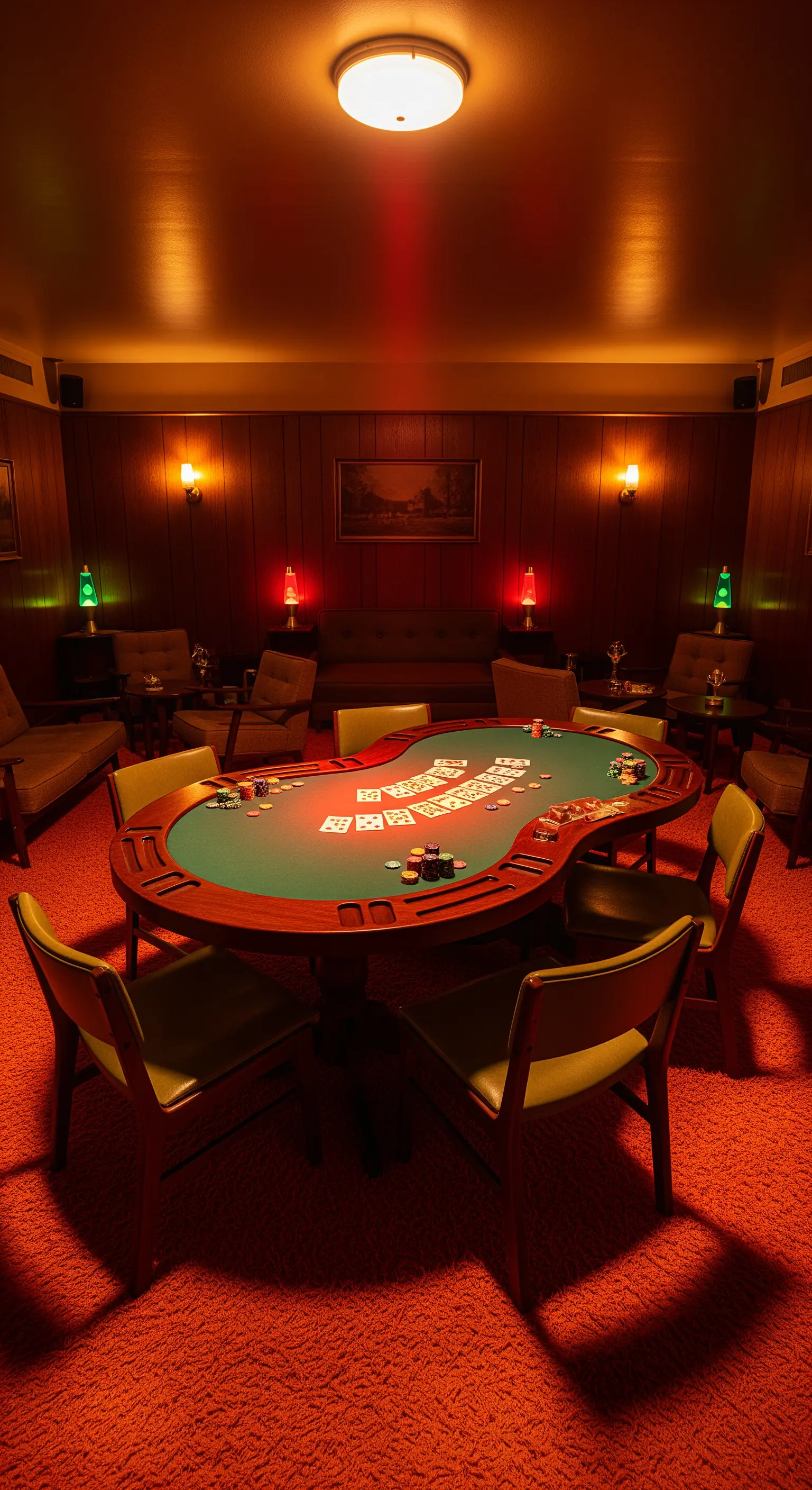Stanza da gioco in stile vintage con tavolo da poker, moquette arancione e pannelli in legno.