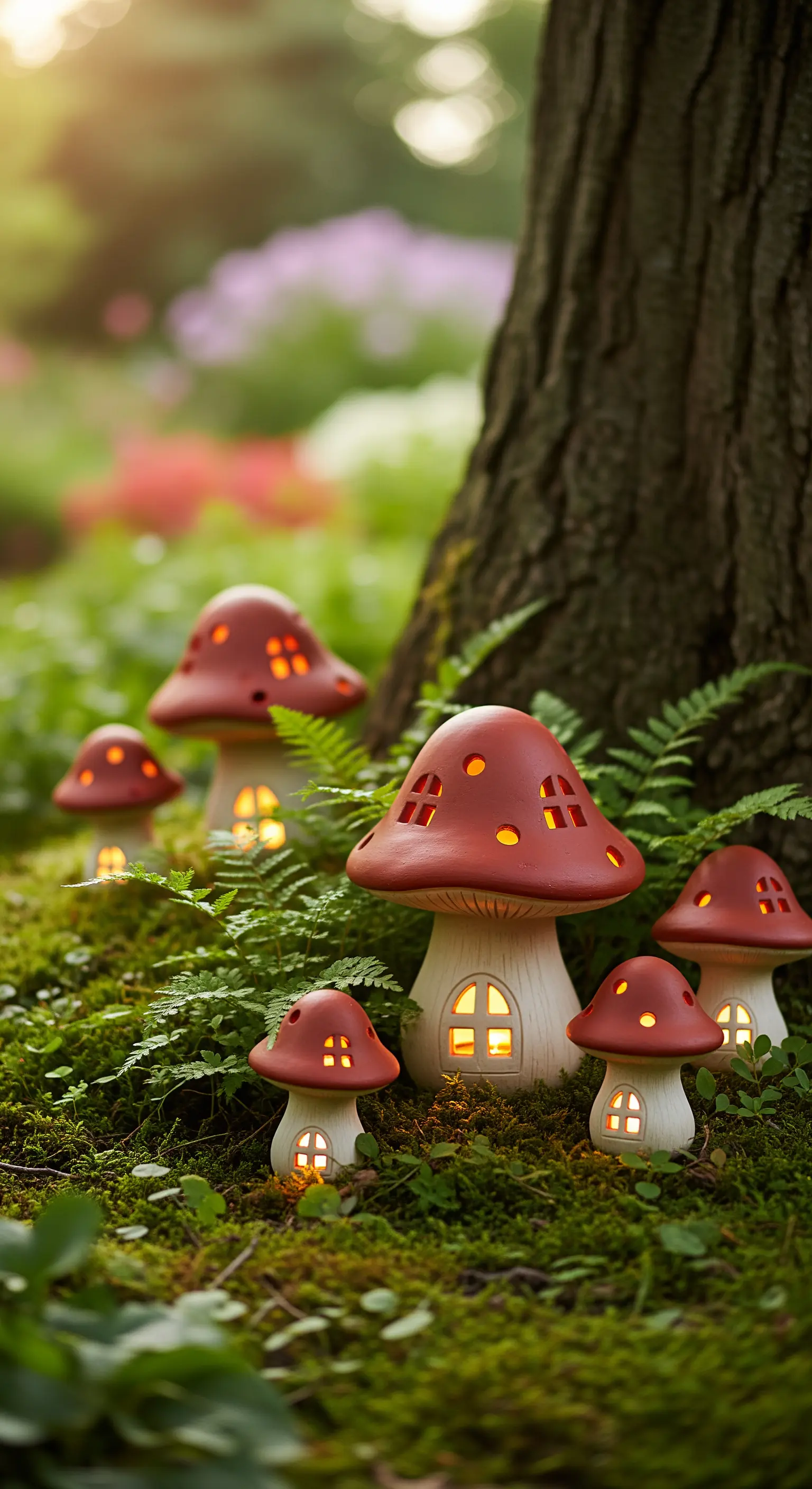 Piccole case a forma di fungo in ceramica, illuminate dall'interno e posizionate nel muschio.