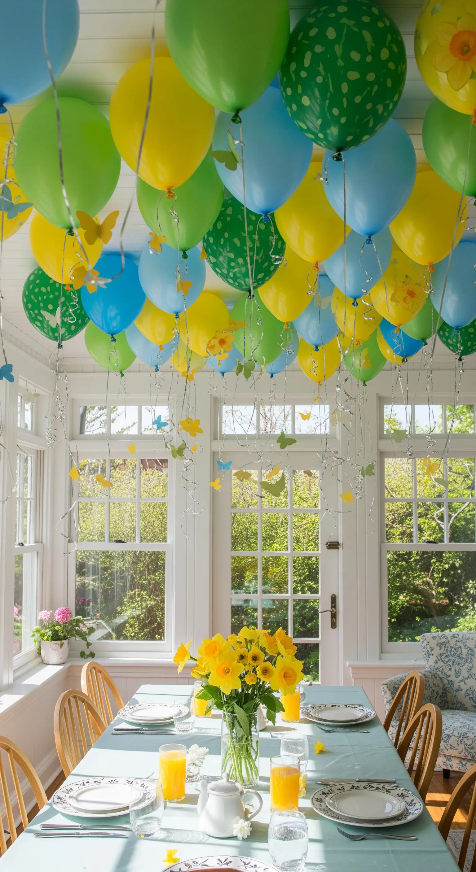 Palloncini verdi, gialli e blu in una veranda, con farfalle di carta appese ai fili.