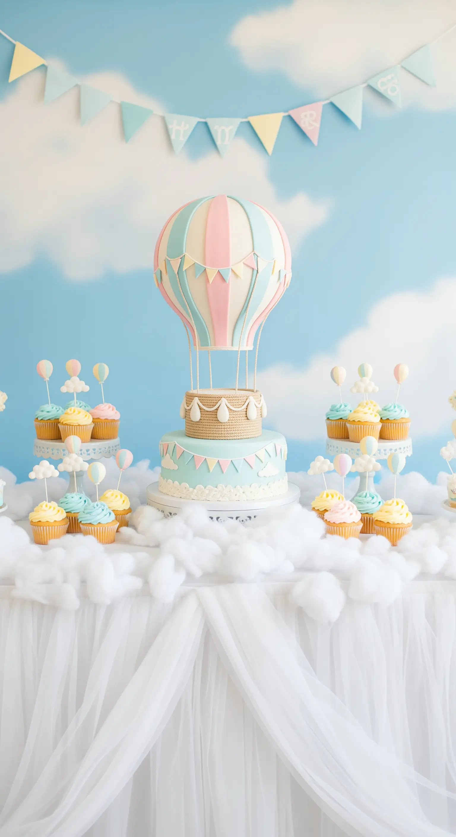 Sweet table con torta a forma di mongolfiera, circondata da nuvole di ovatta e cupcake pastello