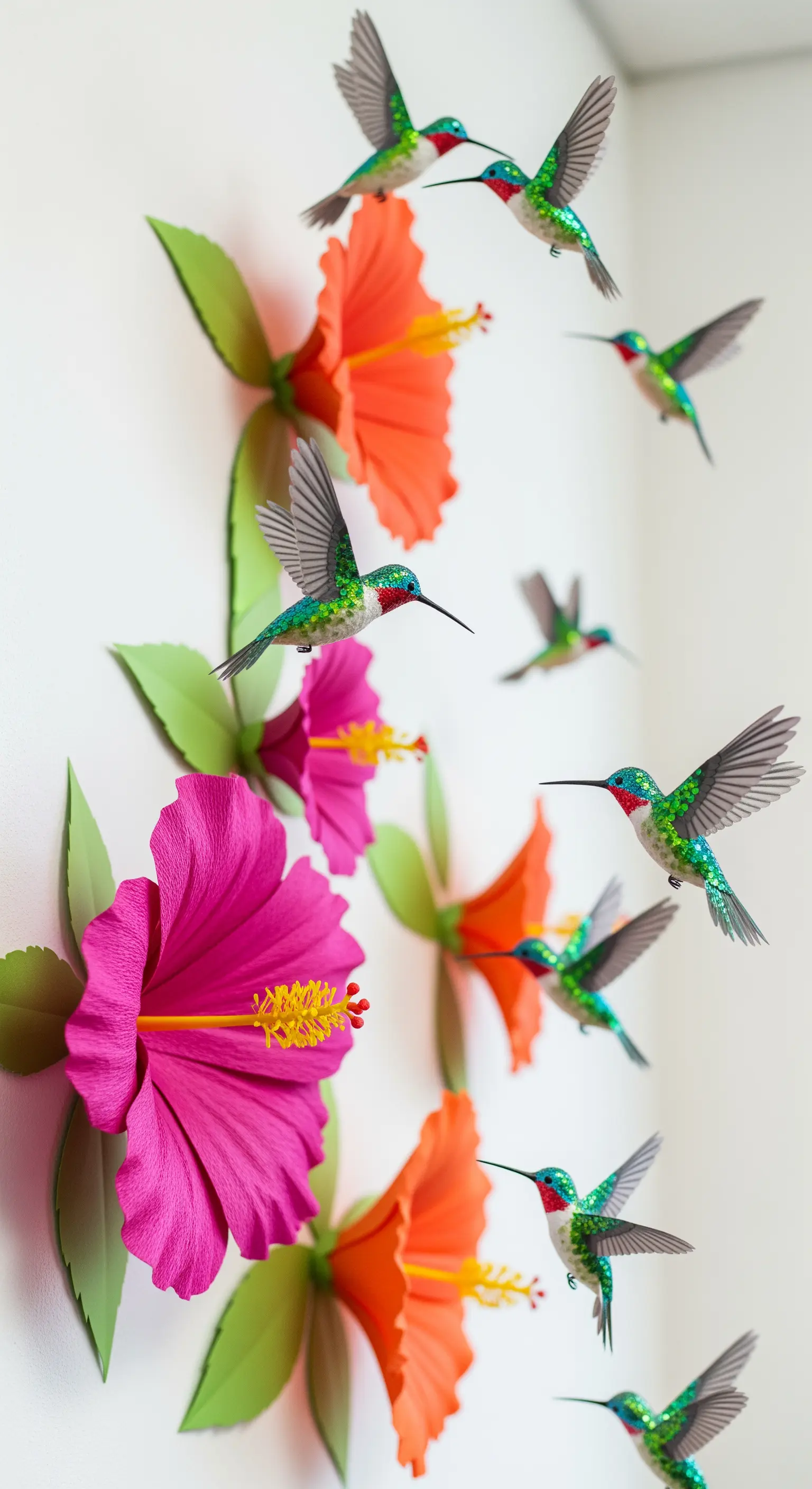 Composizione murale con fiori di ibisco 3D e colibrì di carta che volano verso di essi.