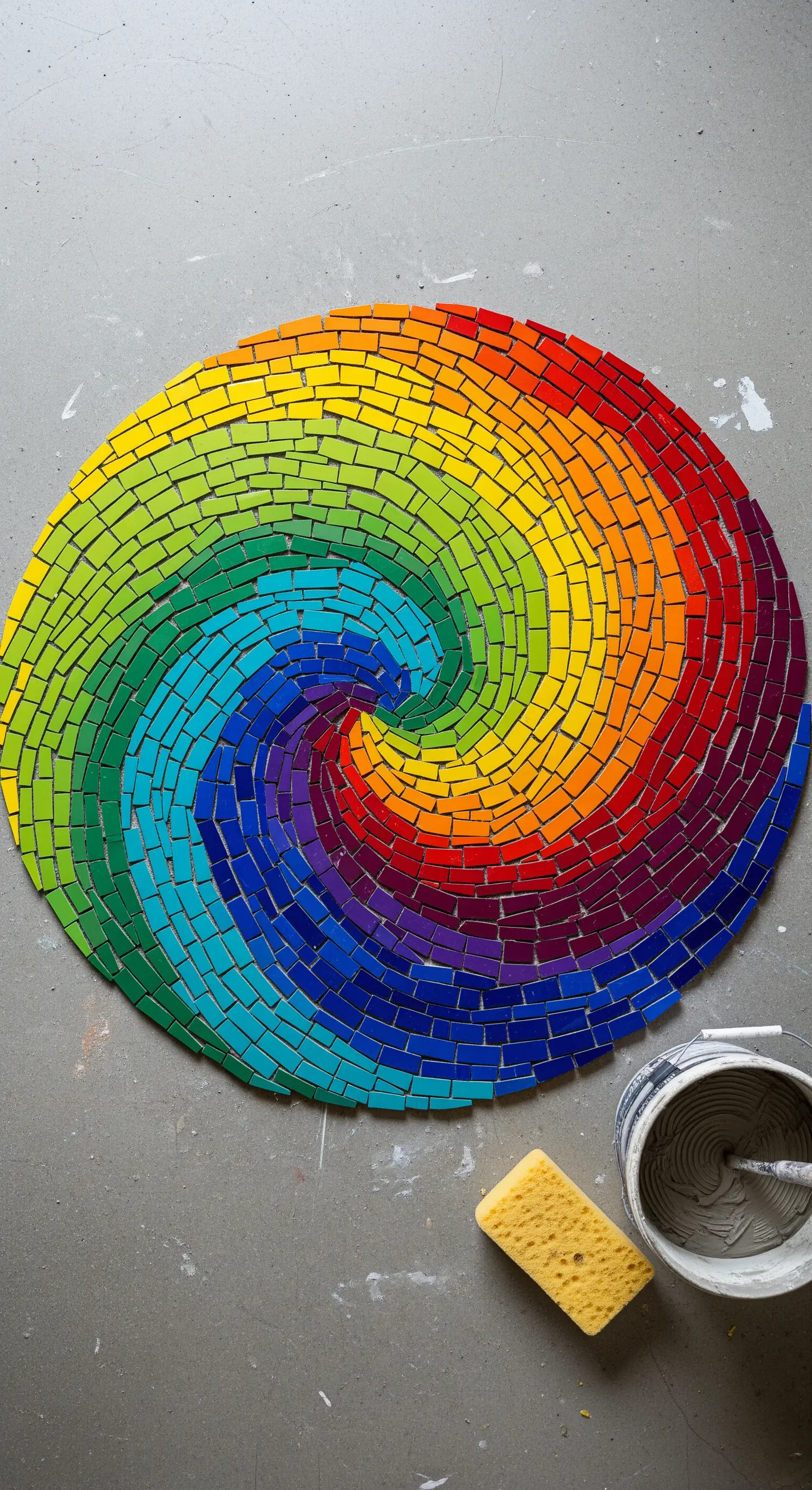 Grande mosaico circolare a spirale con tutti i colori dell'arcobaleno, in fase di stuccatura.
